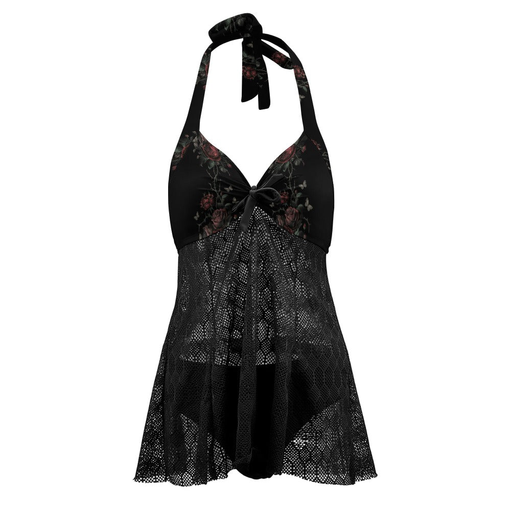 Vampire Art Goth Halter Two Piece Mesh Tankini Swimsuit - Rose Vines