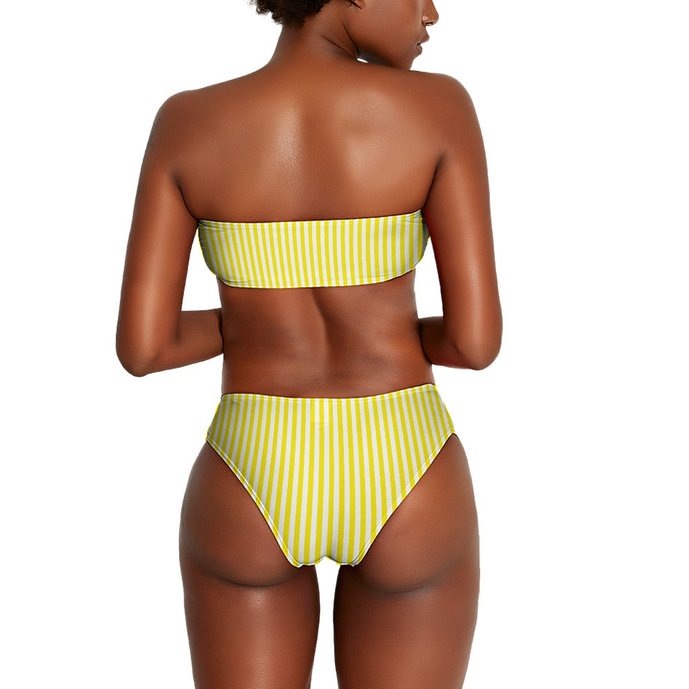 Vampire Art Two Piece Bandeau Strapless Retro Bikinis Swimsuit - Yellow Stripes