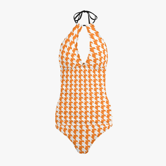 Vampire Art Retro Halter Two-Piece Tankini Swimsuit - Orange Houndstooth