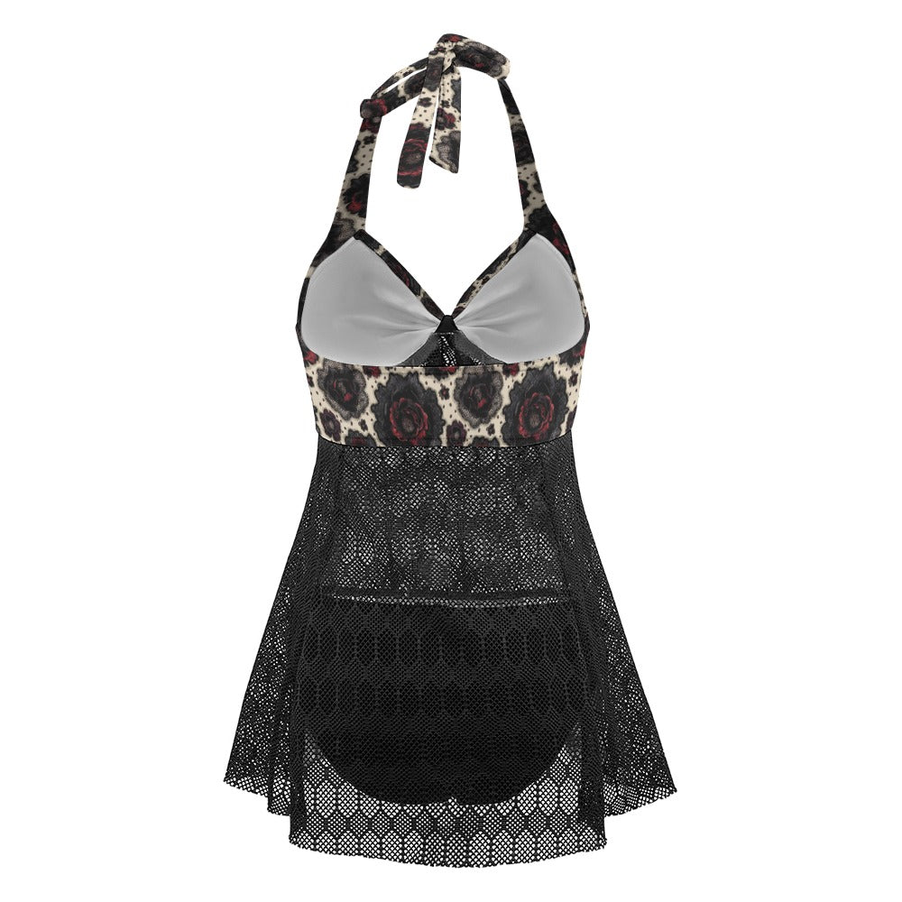 Vampire Art Goth Halter Two Piece Mesh Tankini Swimsuit - Black Roses