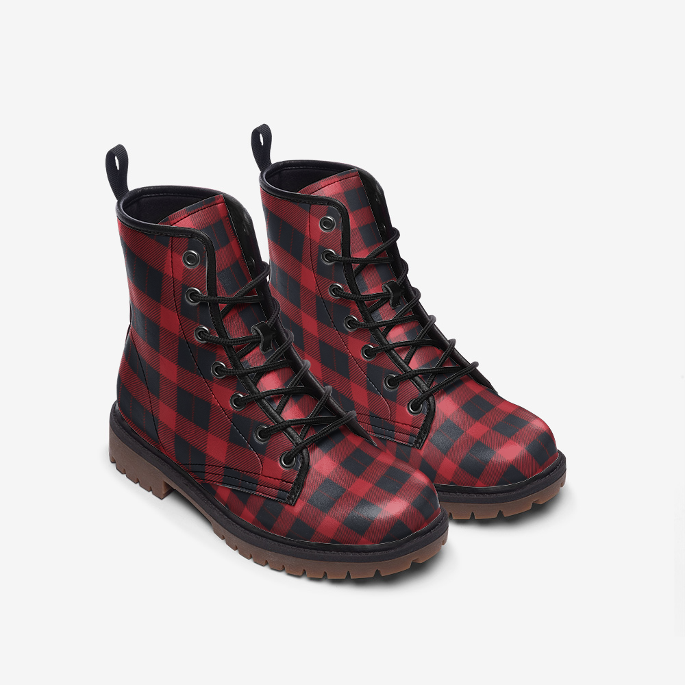 Vampire Art Tartan Grunge Unisex Vegan Leather Combat Boots - Red and Black Plaid - US size