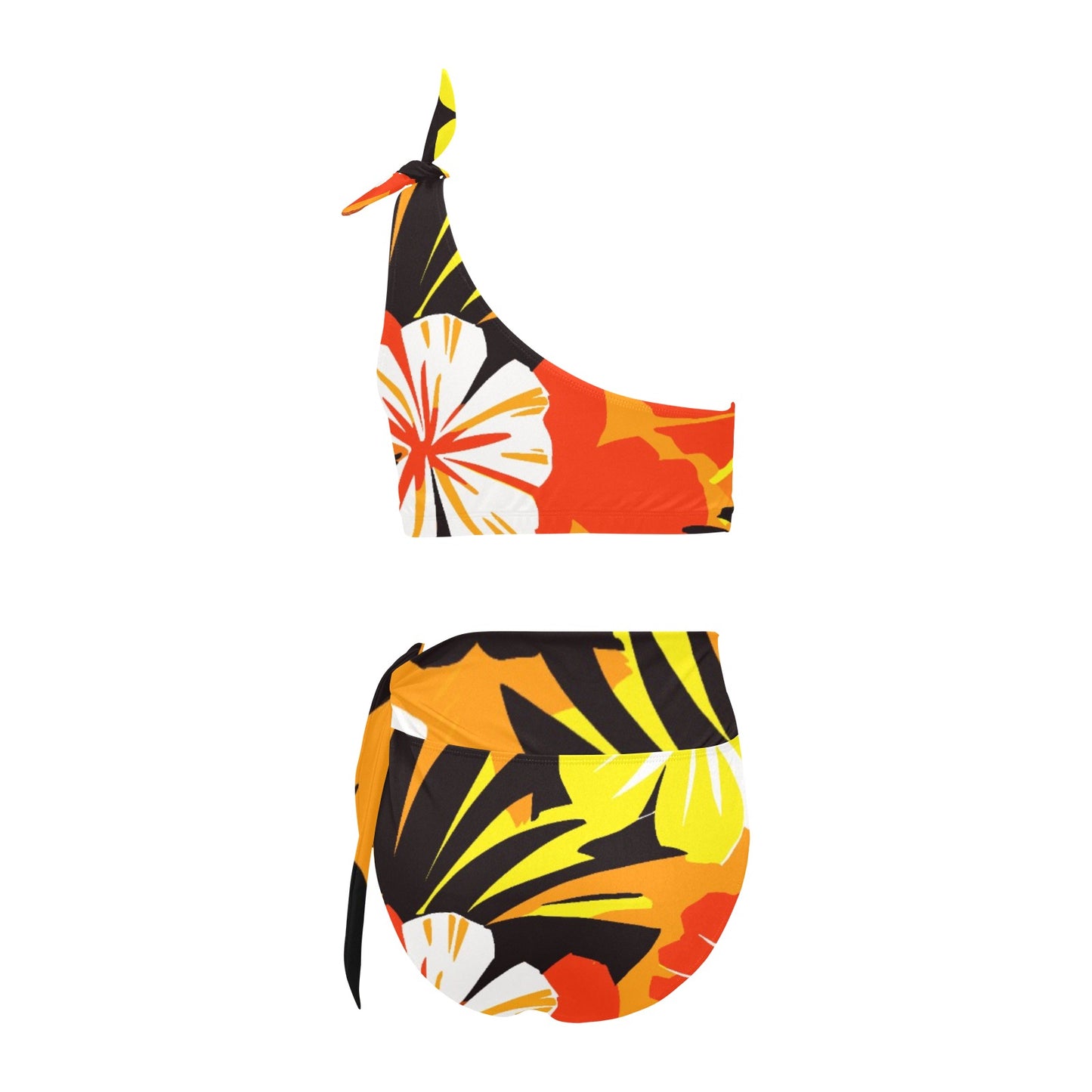 Vampire Art Retro High Waisted One Shoulder Bikini Set - Bold Yellow and Orange Sixties Surfy Florals