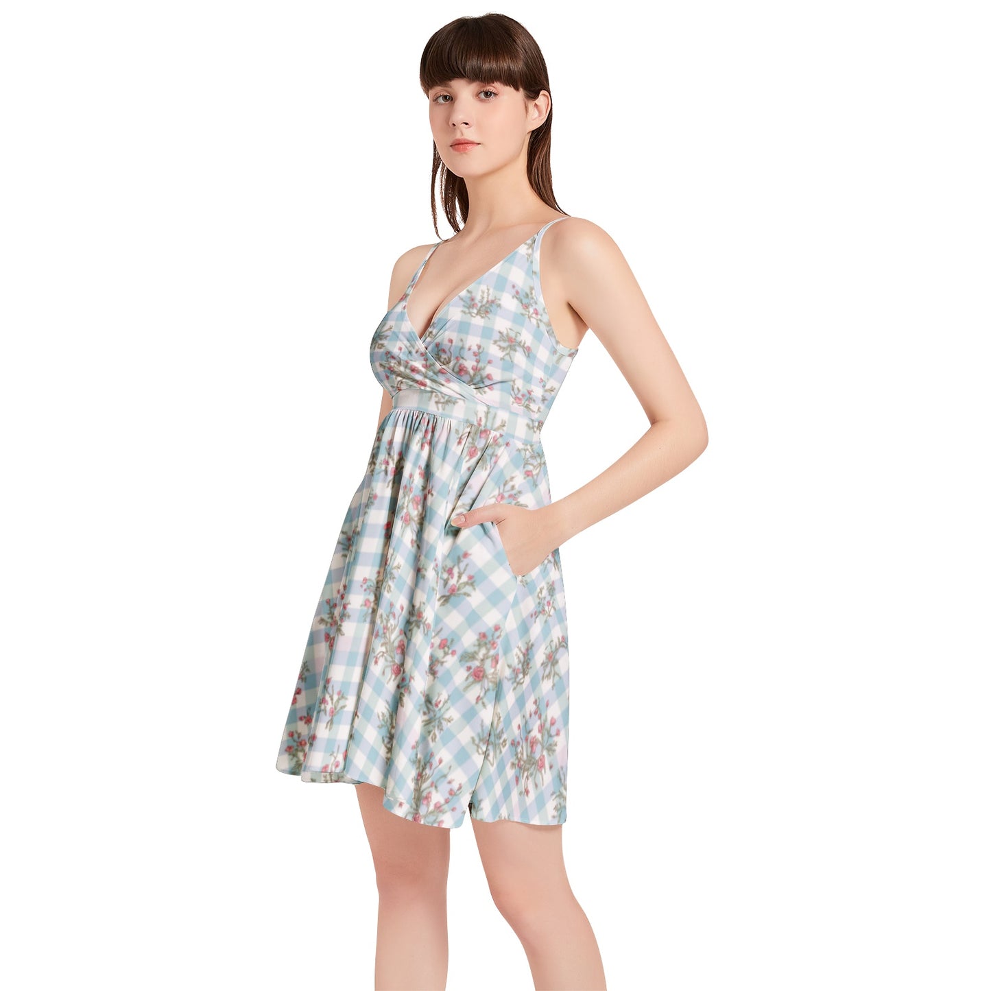 Vampire Art Vintage Bloom Gingham Flare Dress - Pale Blue Gingham with Pink Flowers