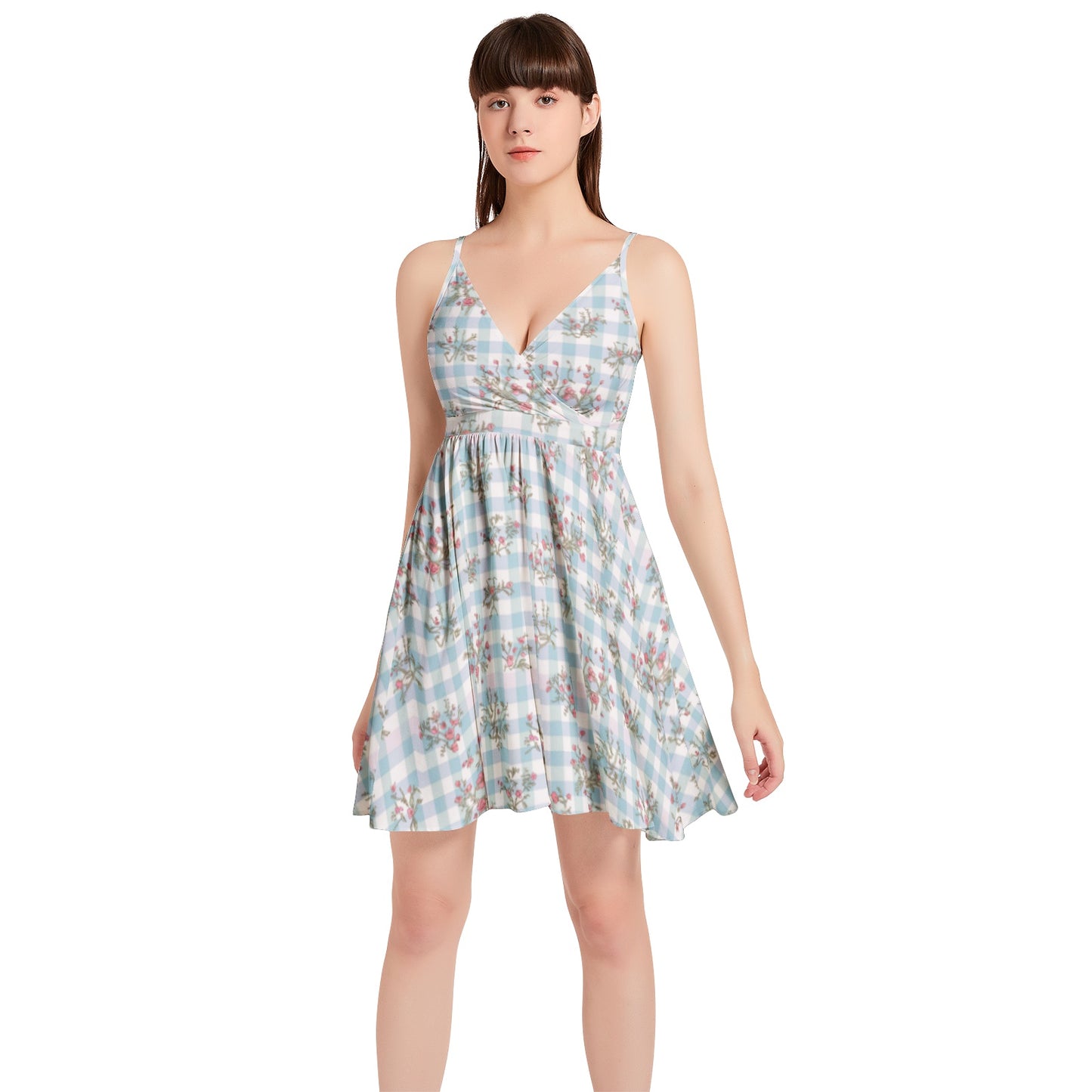 Vampire Art Vintage Bloom Gingham Flare Dress - Pale Blue Gingham with Pink Flowers