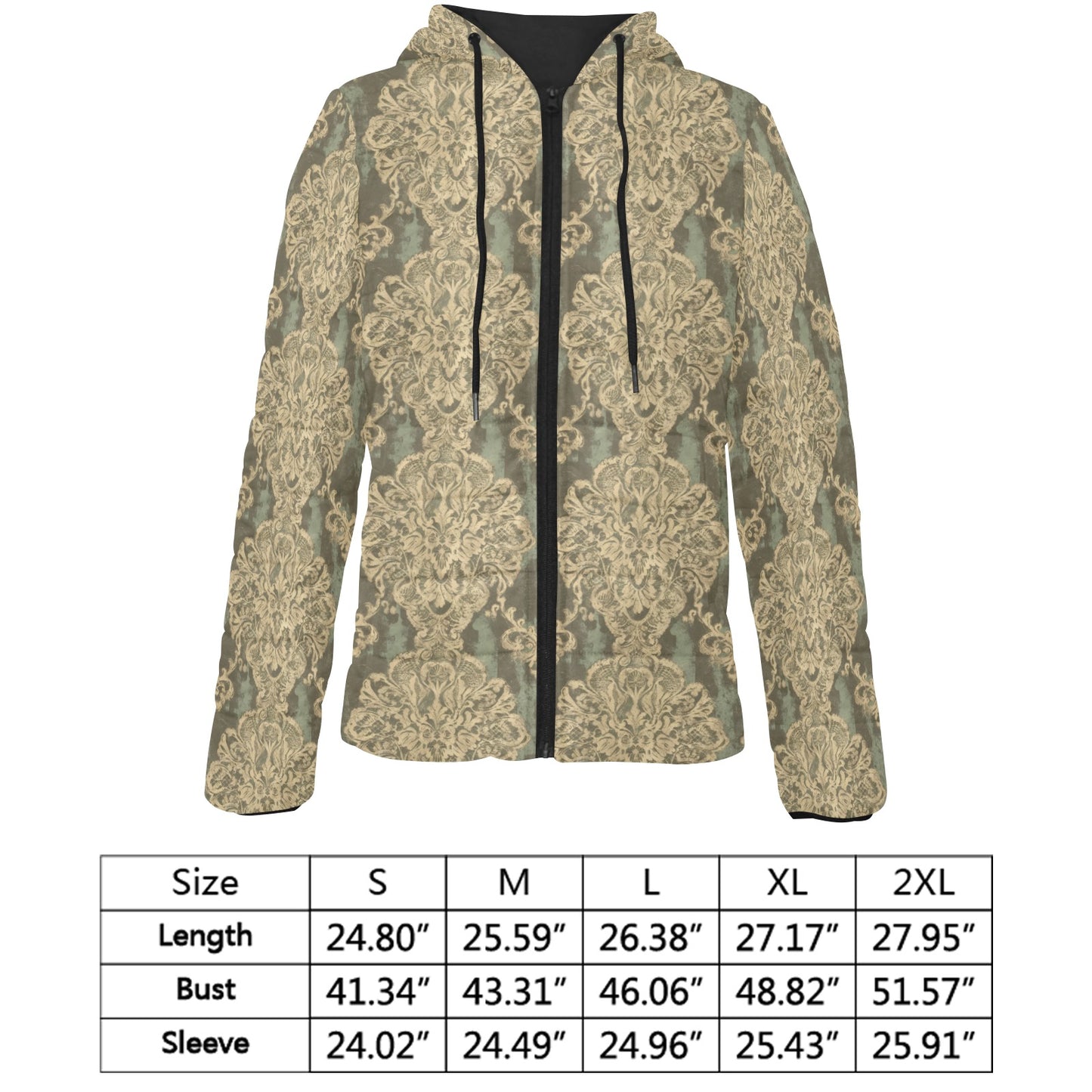 Vampire Art Urban Gothic Women's Padded Hooded Jacket - Grunge Lace in Green, Charcoal and Cream