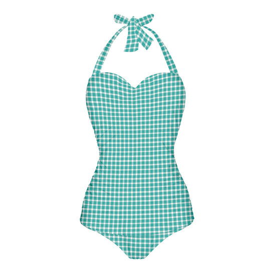 Vampire Art Vintage Chic Halter Neck One-Piece Swimsuit - Aqua Gingham