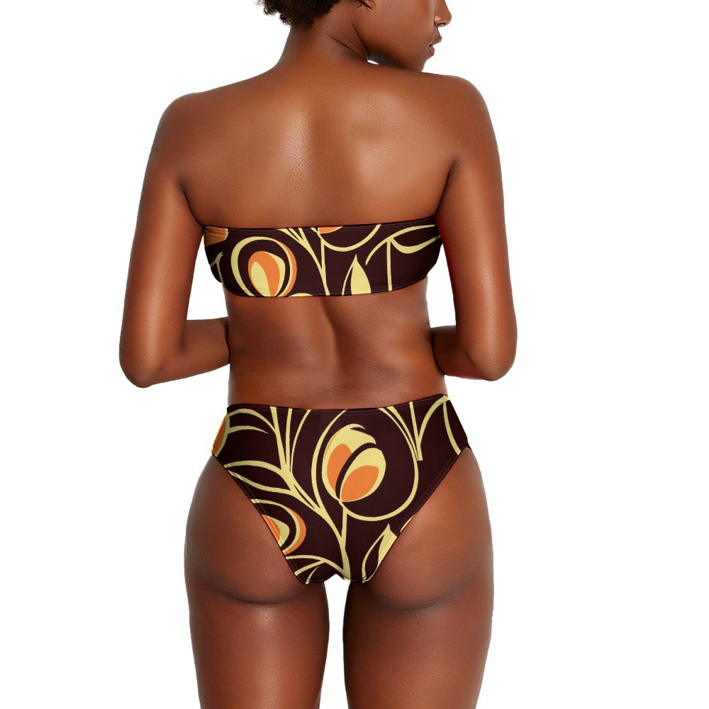 Vampire Art Two Piece Bandeau Strapless Retro Bikinis Swimsuit - Sixties Brown