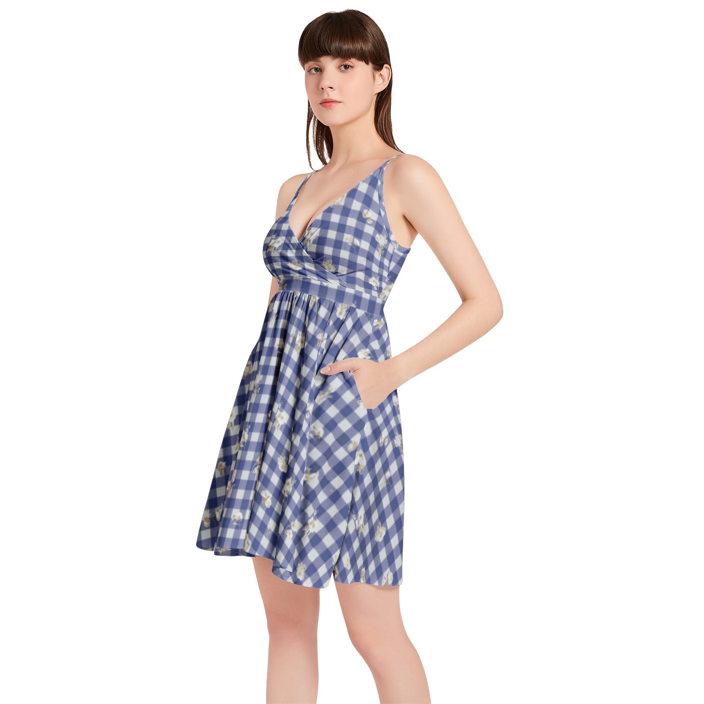 Vampire Art Vintage Bloom Gingham Flare Dress - Blue Gingham with White Flowers