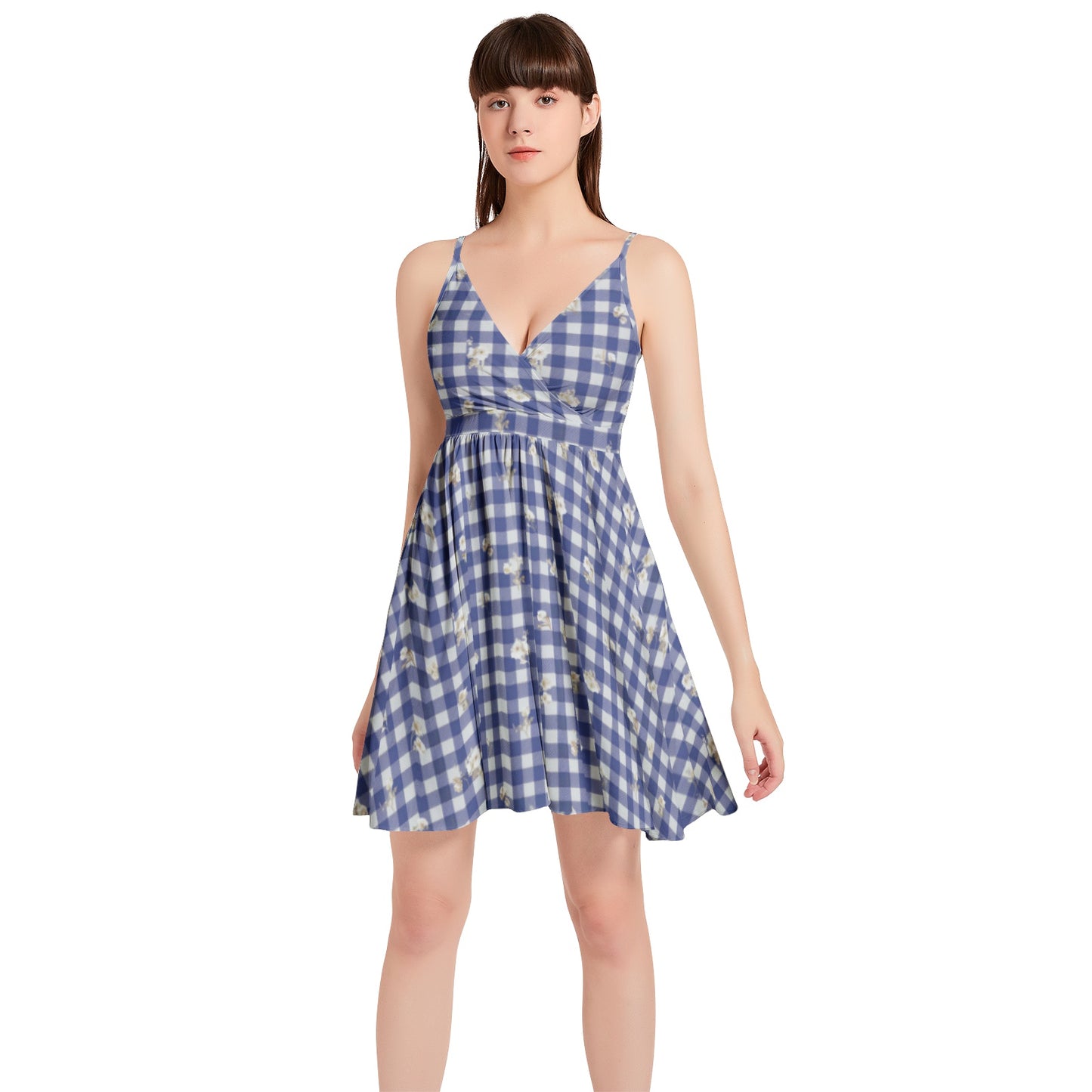 Vampire Art Vintage Bloom Gingham Flare Dress - Blue Gingham with White Flowers