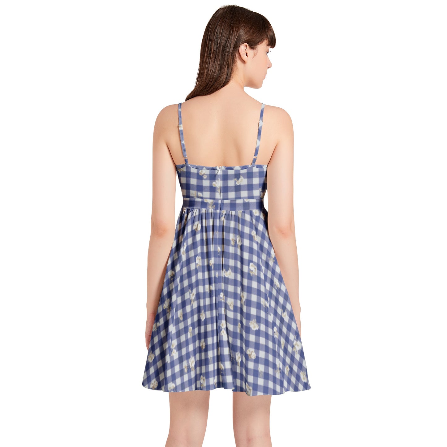 Vampire Art Vintage Bloom Gingham Flare Dress - Blue Gingham with White Flowers