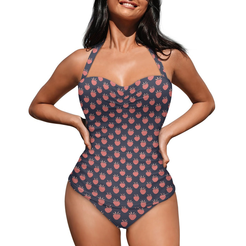 Vampire Art Vintage Chic Halter Neck One-Piece Swimsuit - Strawberries in Dark Navy