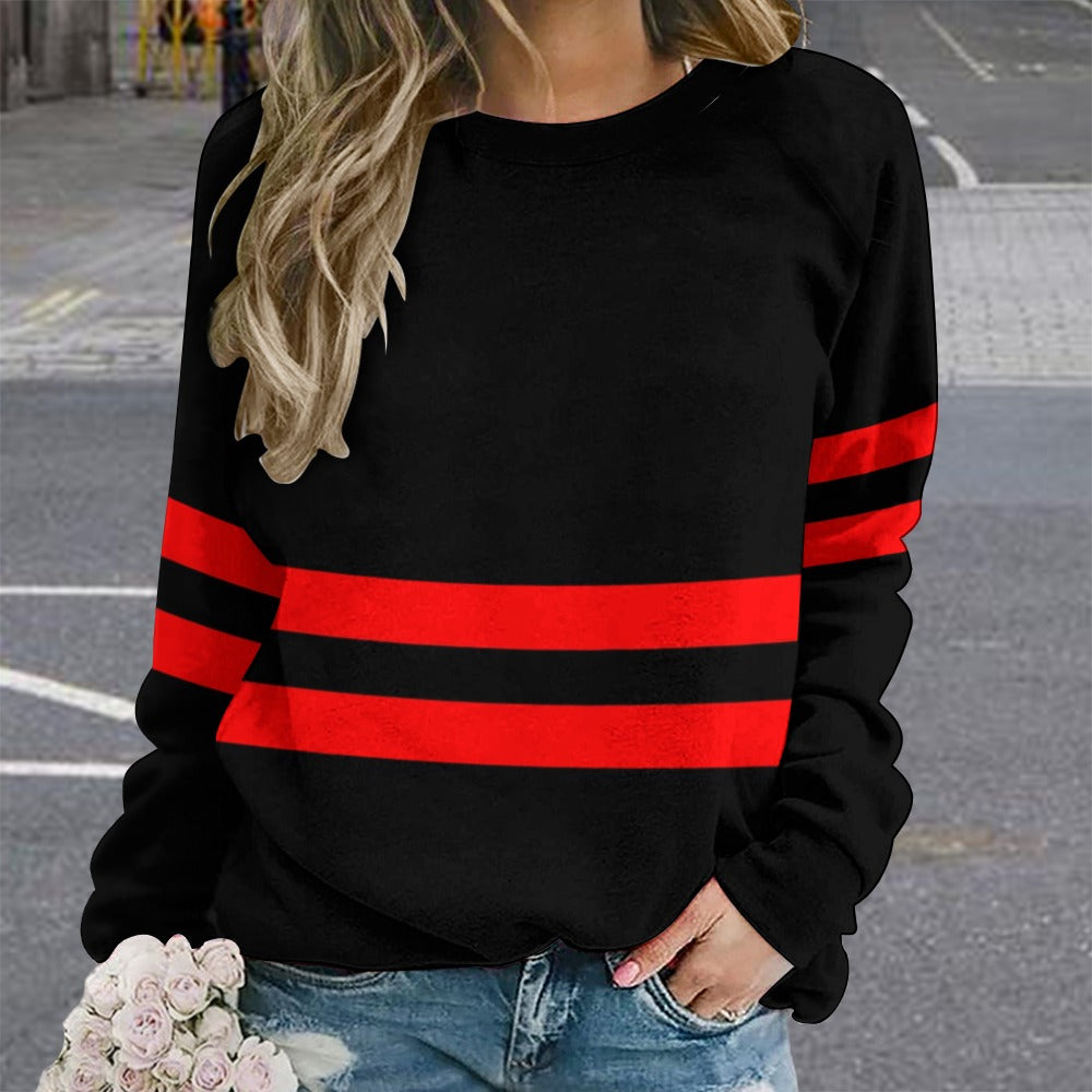 Vampire Art Retro Sixties Black with Red Stripes Raglan Round Neck Sweater