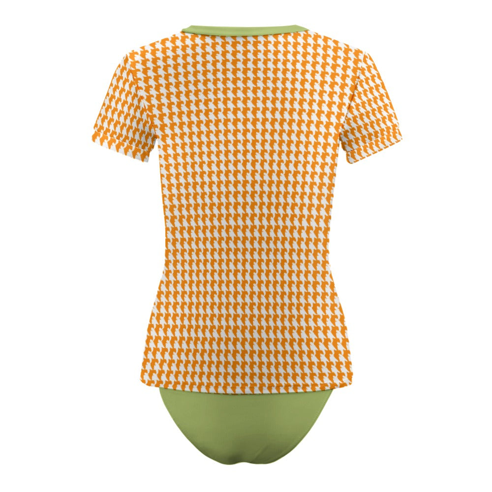 Vampire Art Retro Short Sleeve Two Piece Bikini Suit - Two-Tone Orange and Green Houndstooth