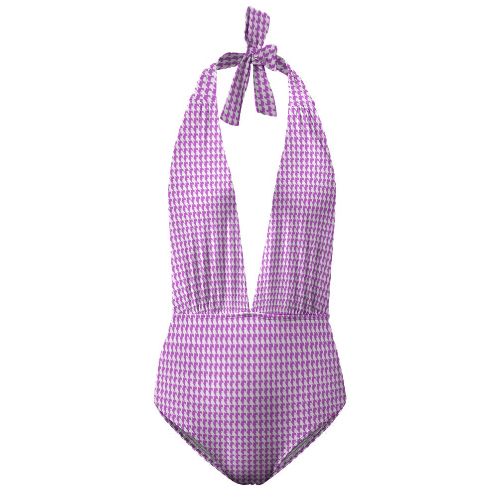 Vampire Art Retro Ladies Halter One Piece Swimsuit - Lilac Houndstooth