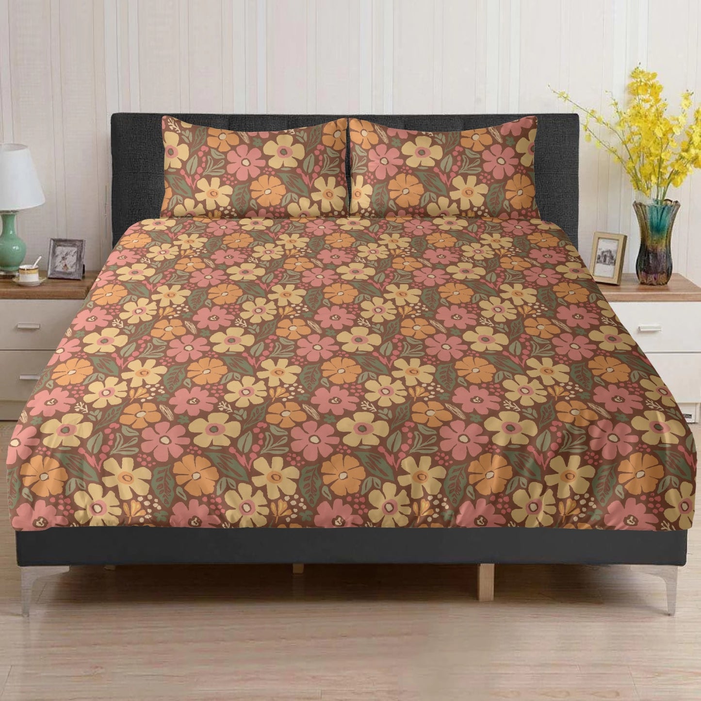 Vampire Art 3-Piece Retro Polyester Bedding Set - Sixties Boho Florals