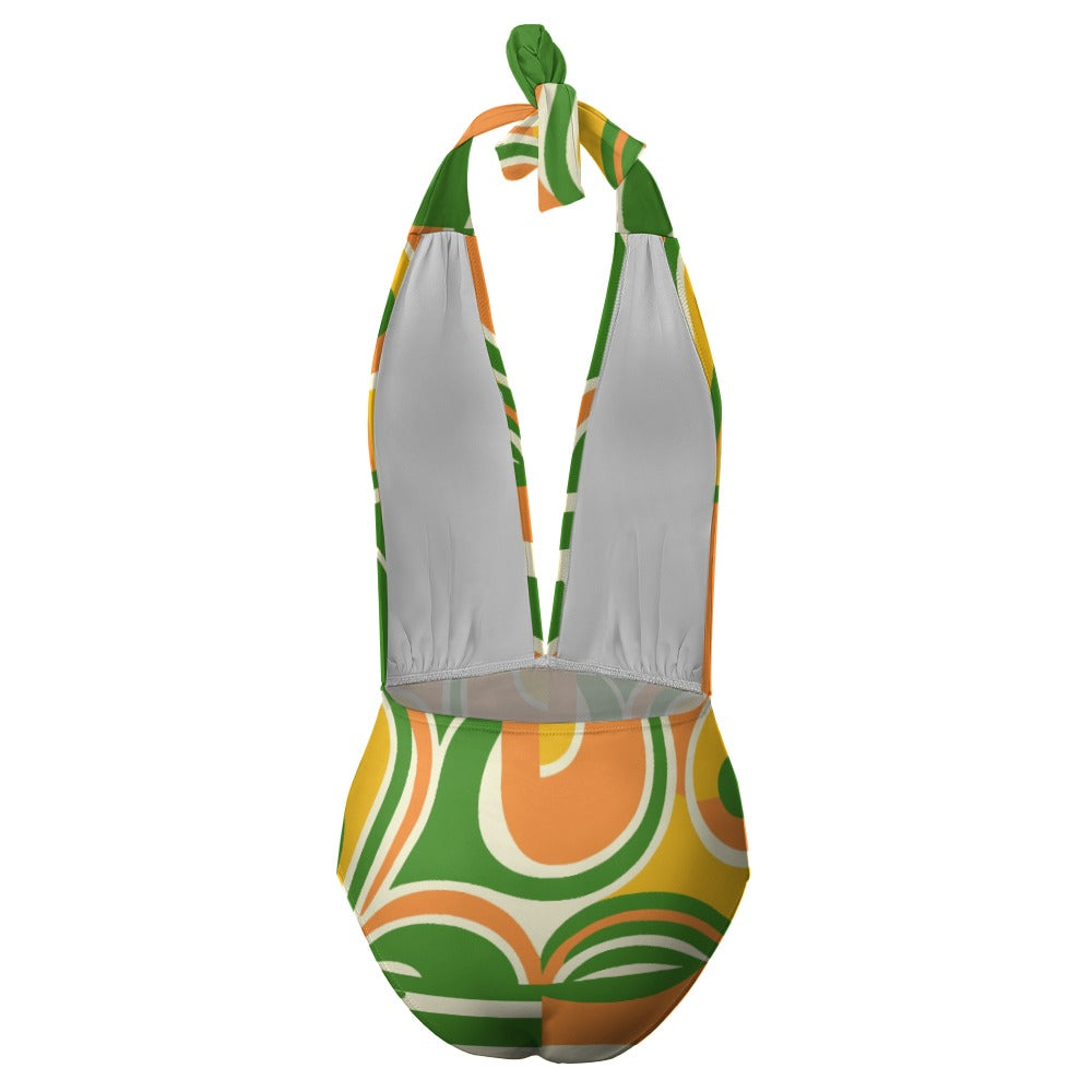 Vampire Art Retro Ladies Halter One Piece Swimsuit - Sixties Green and Orange