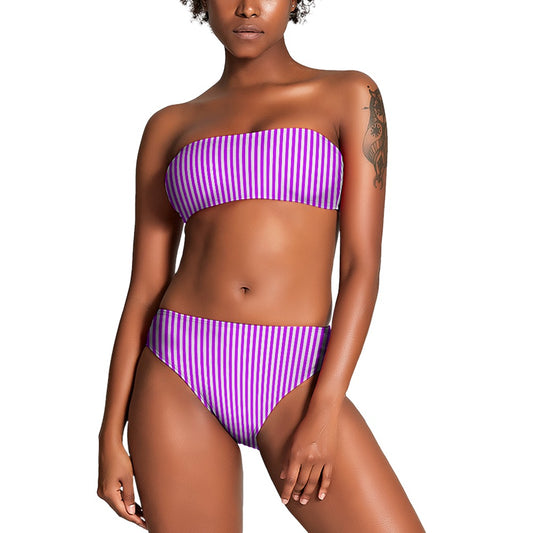 Vampire Art Two Piece Bandeau Strapless Retro Bikinis Swimsuit - Lilac Vertical Stripes