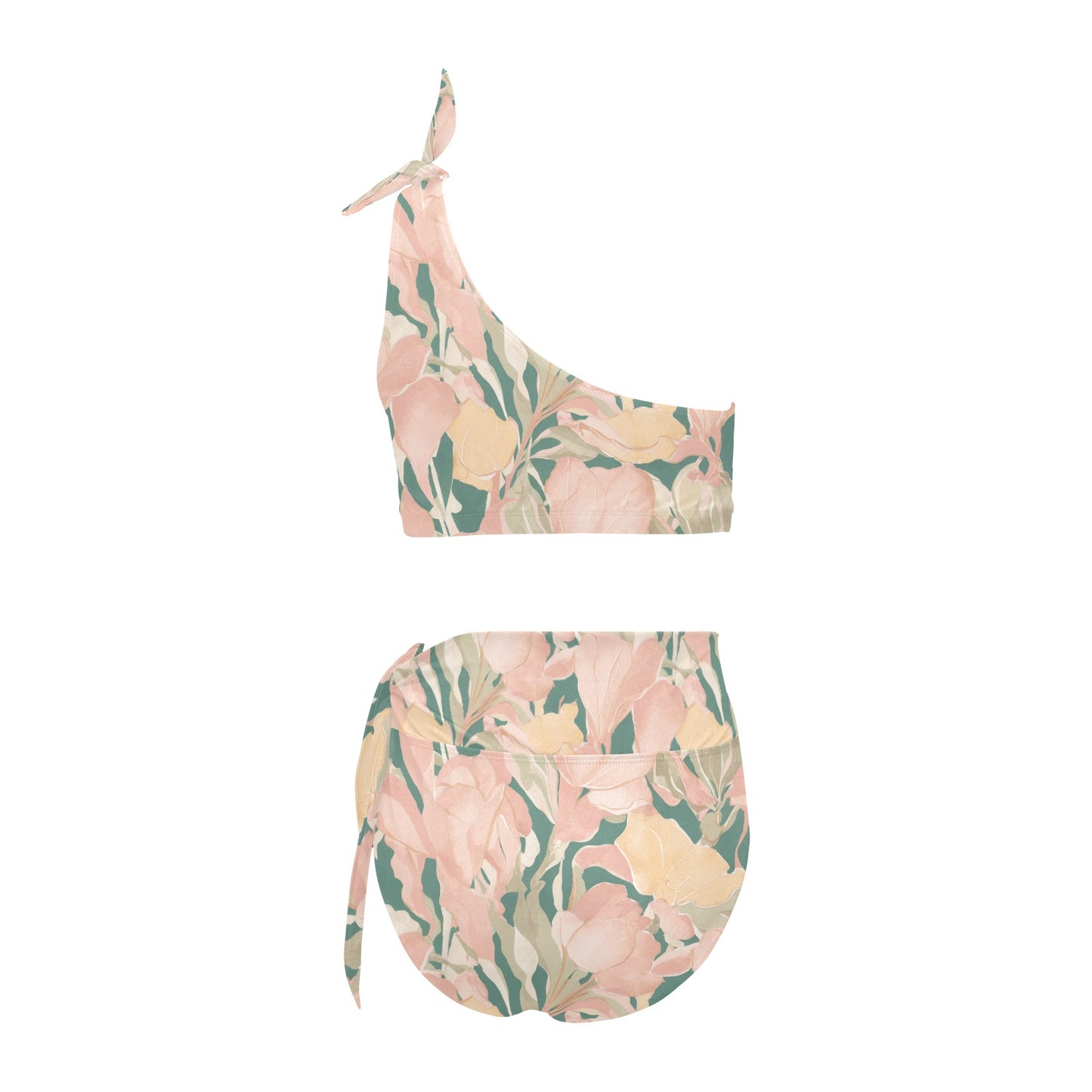 Vampire Art Retro Romantic Floral High Waisted One Shoulder Bikini Set with Waist Scarf