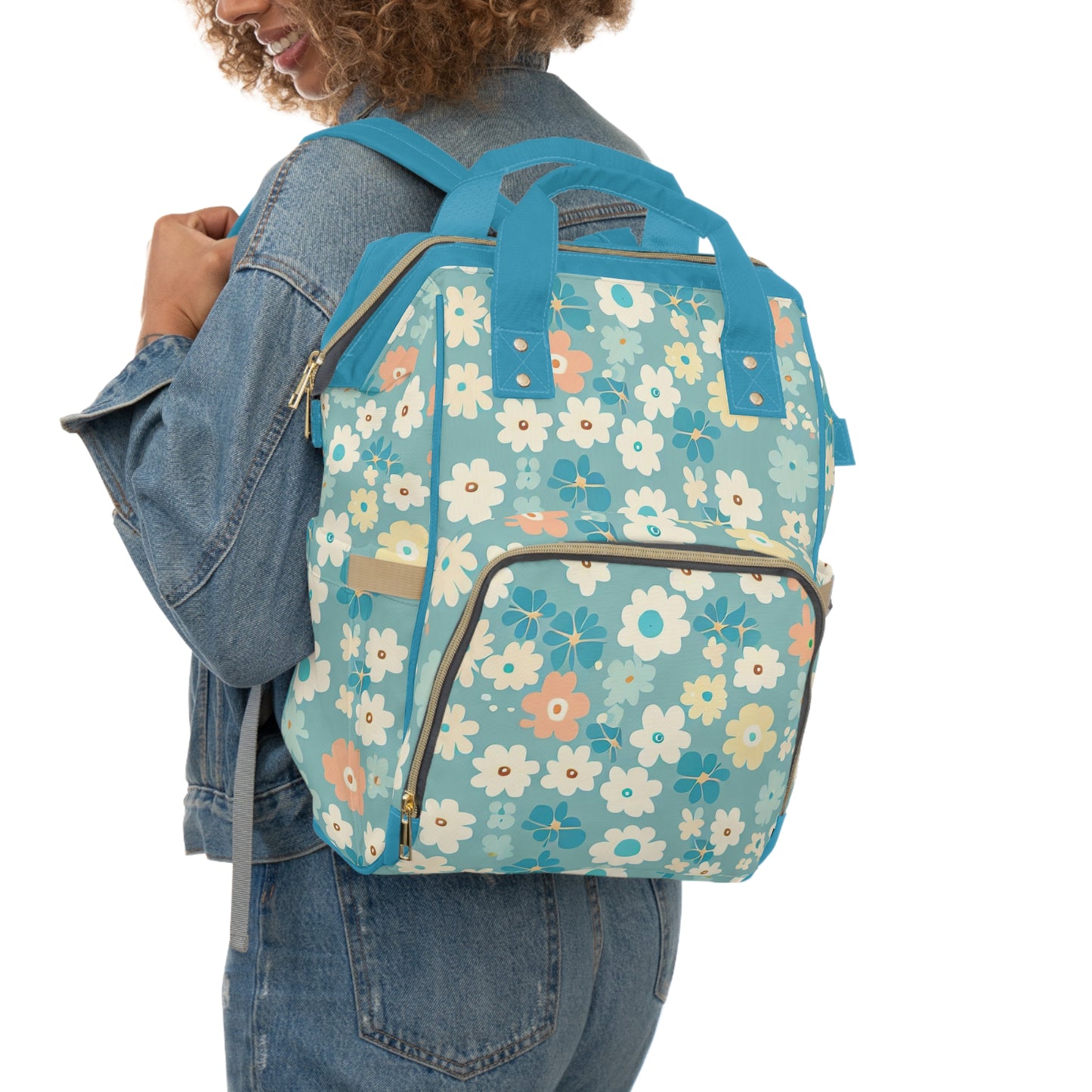 Vampire Art Multifunctional Baby Diaper Backpack Changing Bag - Seventies Flowers Blue