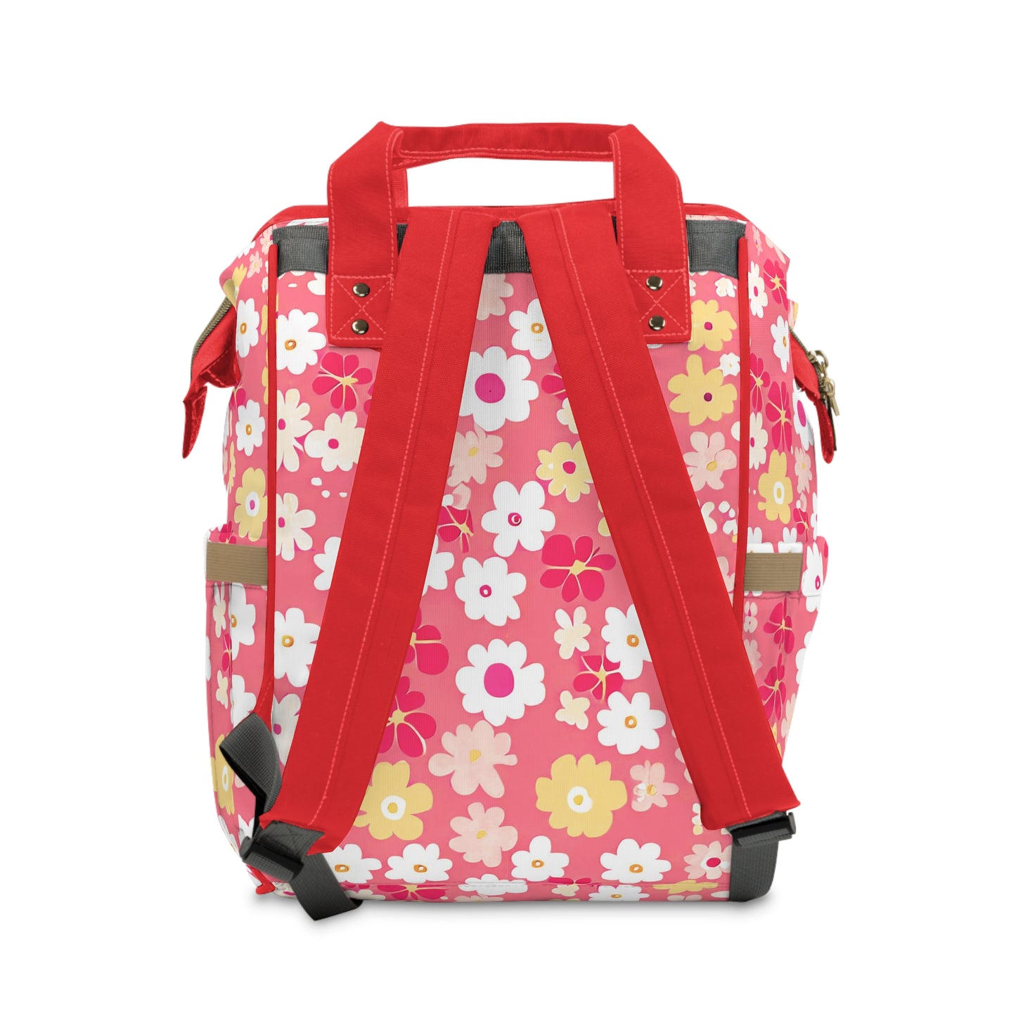 Vampire Art Multifunctional Baby Diaper Backpack Changing Bag - Seventies Flowers Red and Pink