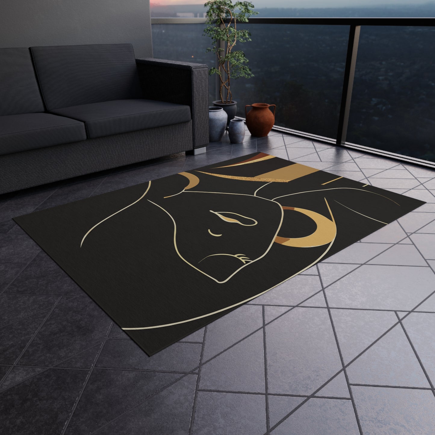 Vampire Art Sixties Lady with Earrings Black and Gold Outdoor Rug / up to 365 cm (144'')