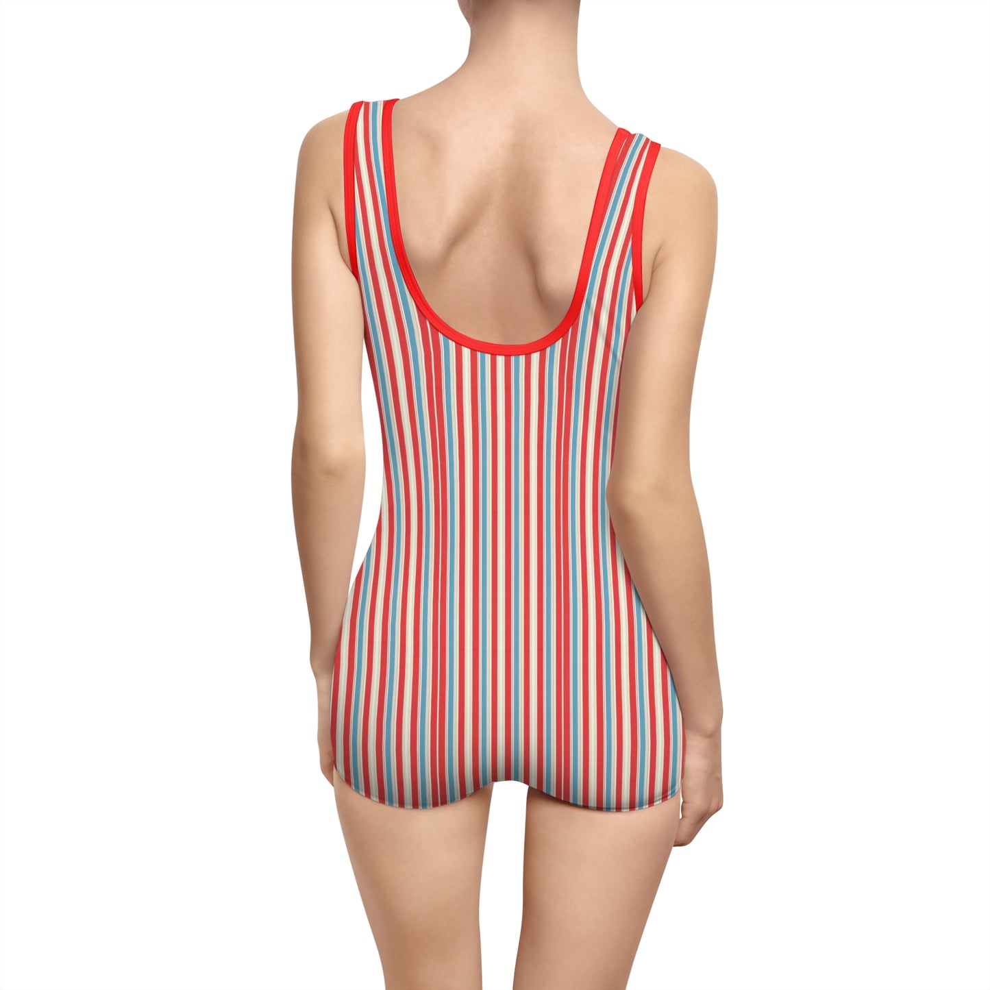 Vampire Art Stripy Thin Retro Pattern in Red White and Blue Women's Vintage Swimsuit