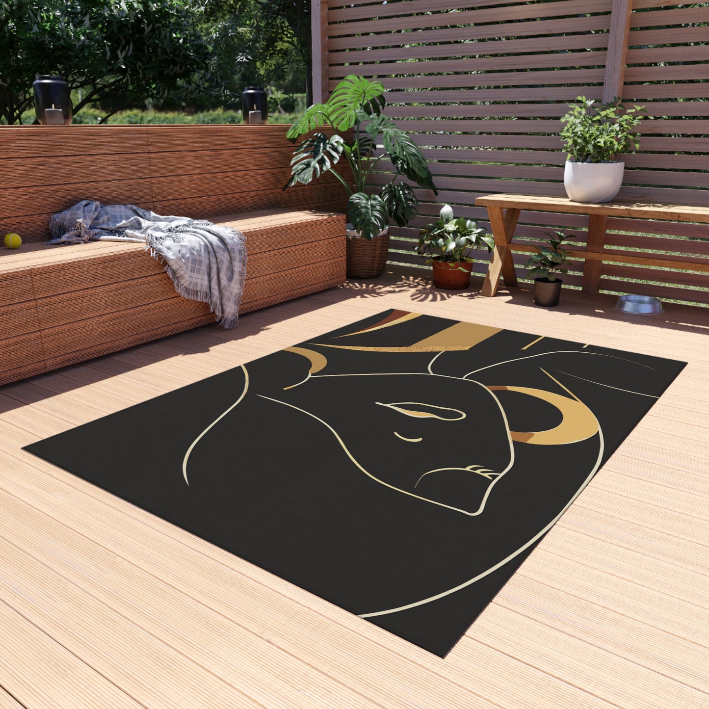 Vampire Art Sixties Lady with Earrings Black and Gold Outdoor Rug / up to 365 cm (144'')