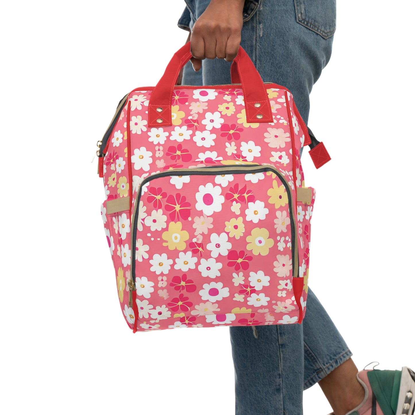 Vampire Art Multifunctional Baby Diaper Backpack Changing Bag - Seventies Flowers Red and Pink