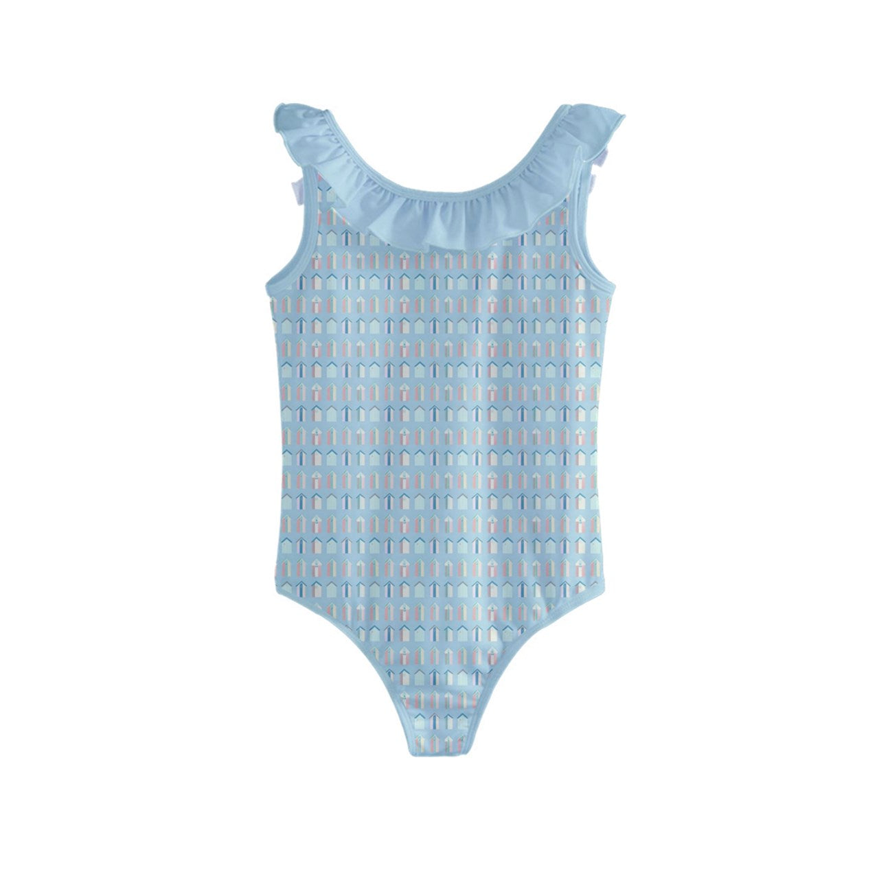 Vampire Art Retro Pastel Blue Beach Huts Kids' Frill Swimsuit