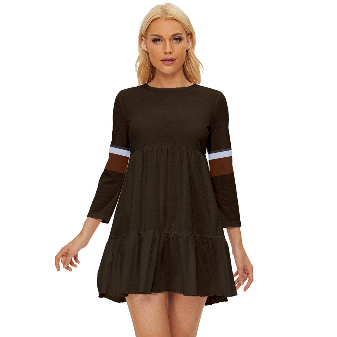 Vampire Art Grunge Chic Long Sleeve Babydoll Dress - Retro Seventies Brown With Stripes