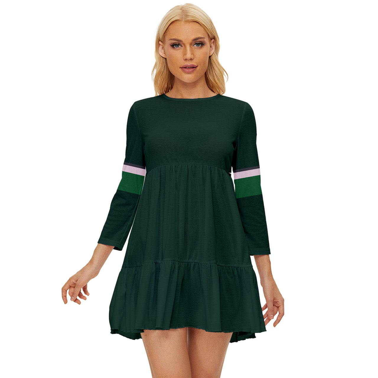 Vampire Art Grunge Chic Long Sleeve Babydoll Dress - Retro Seventies Green With Stripes