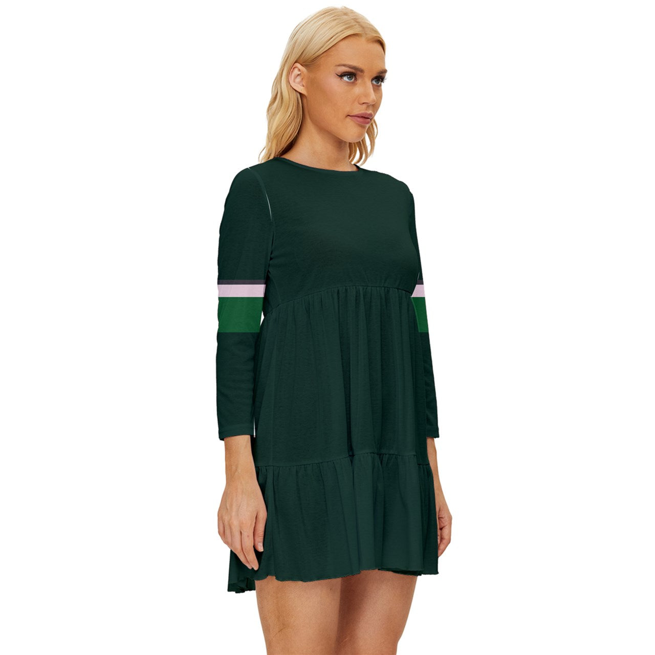 Vampire Art Grunge Chic Long Sleeve Babydoll Dress - Retro Seventies Green With Stripes