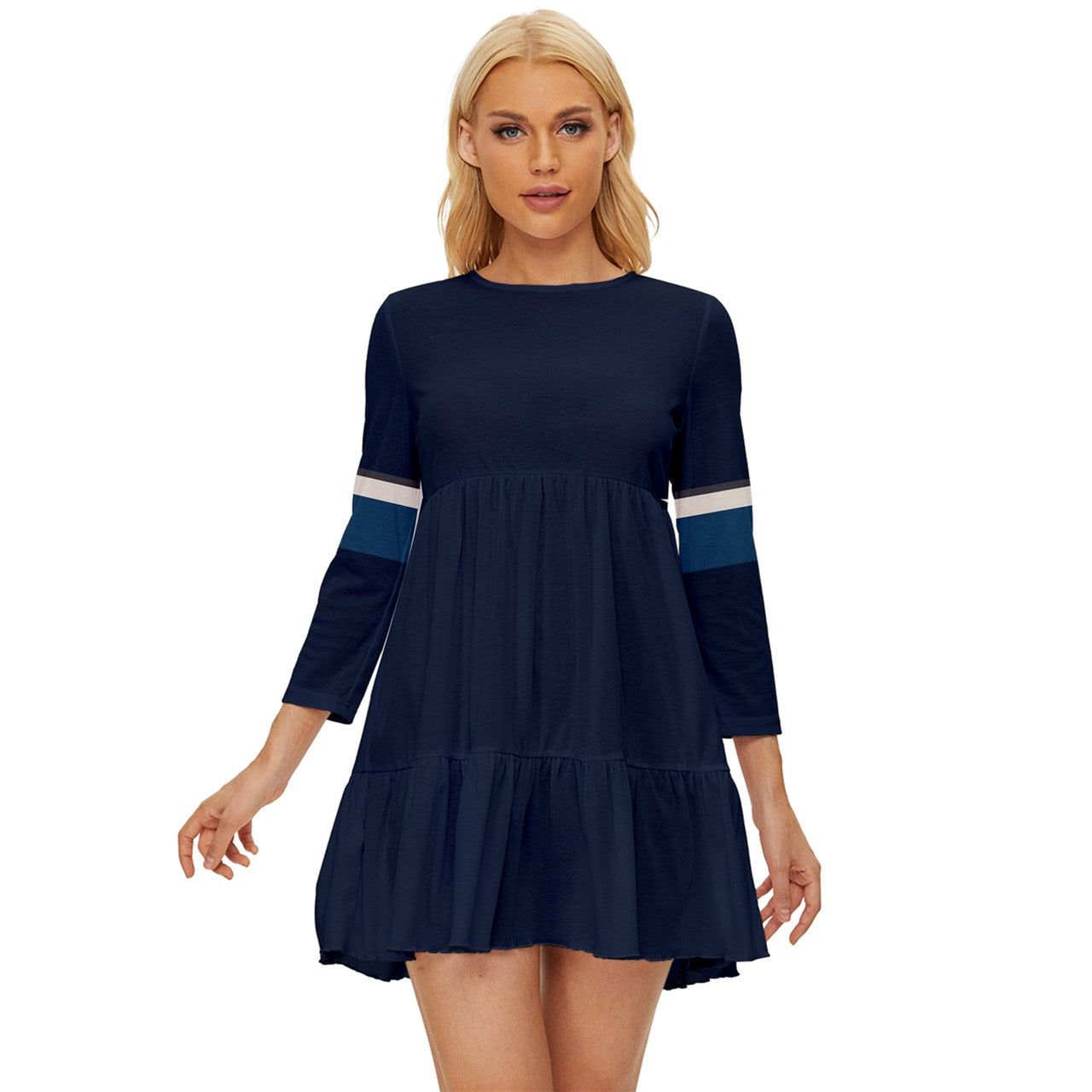 Vampire Art Grunge Chic Long Sleeve Babydoll Dress - Retro Seventies Blue With Stripes