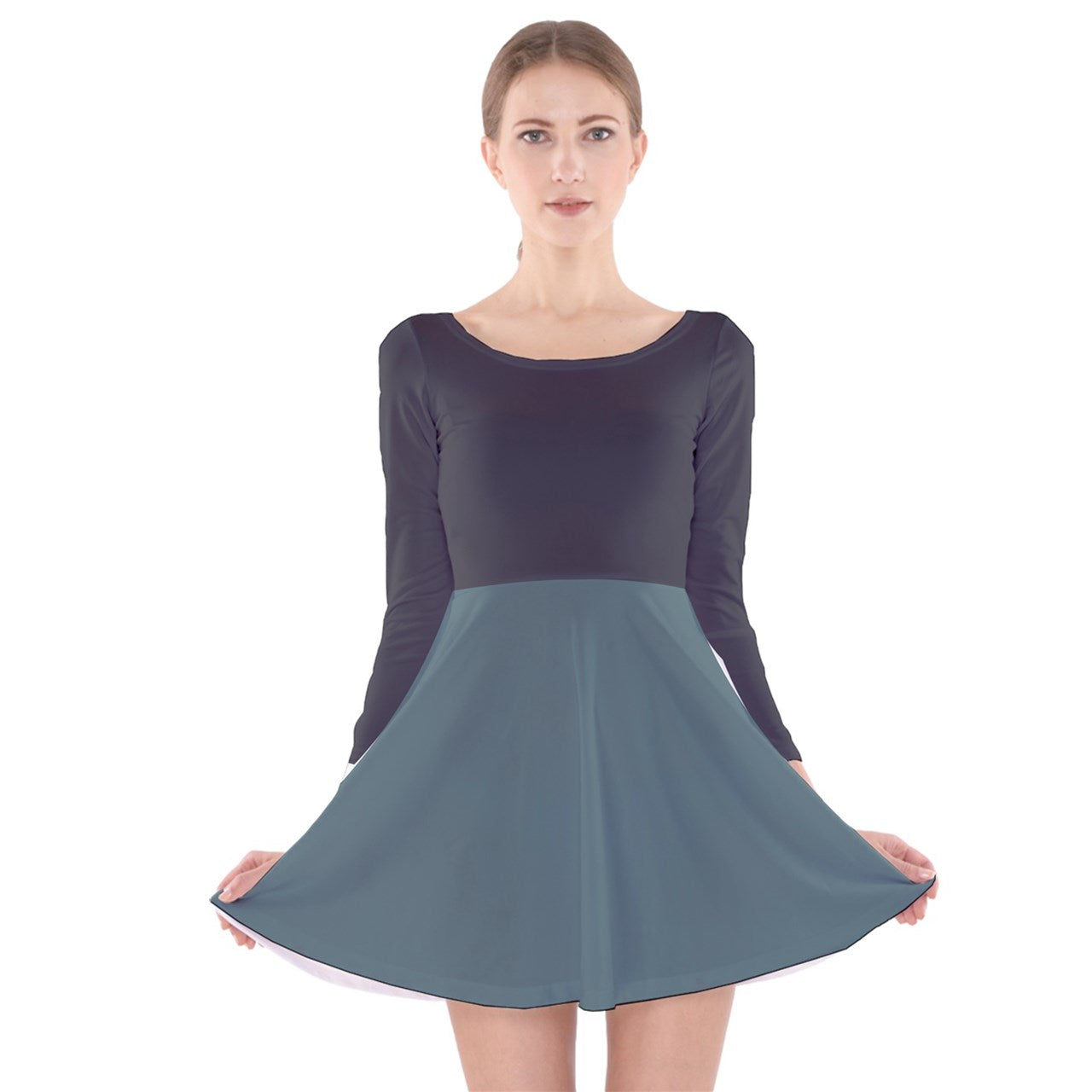 Vampire Art Retro Chic Long Sleeve Velvet Skater Dress - Charcoal Blue