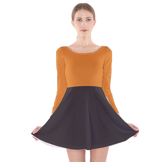 Vampire Art Retro Chic Long Sleeve Velvet Skater Dress - Retro Groovy Seventies Brown and Orange