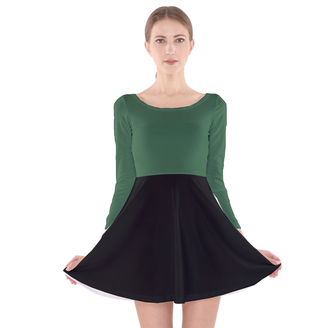 Vampire Art Retro Chic Long Sleeve Velvet Skater Dress - Black and Fairy Green