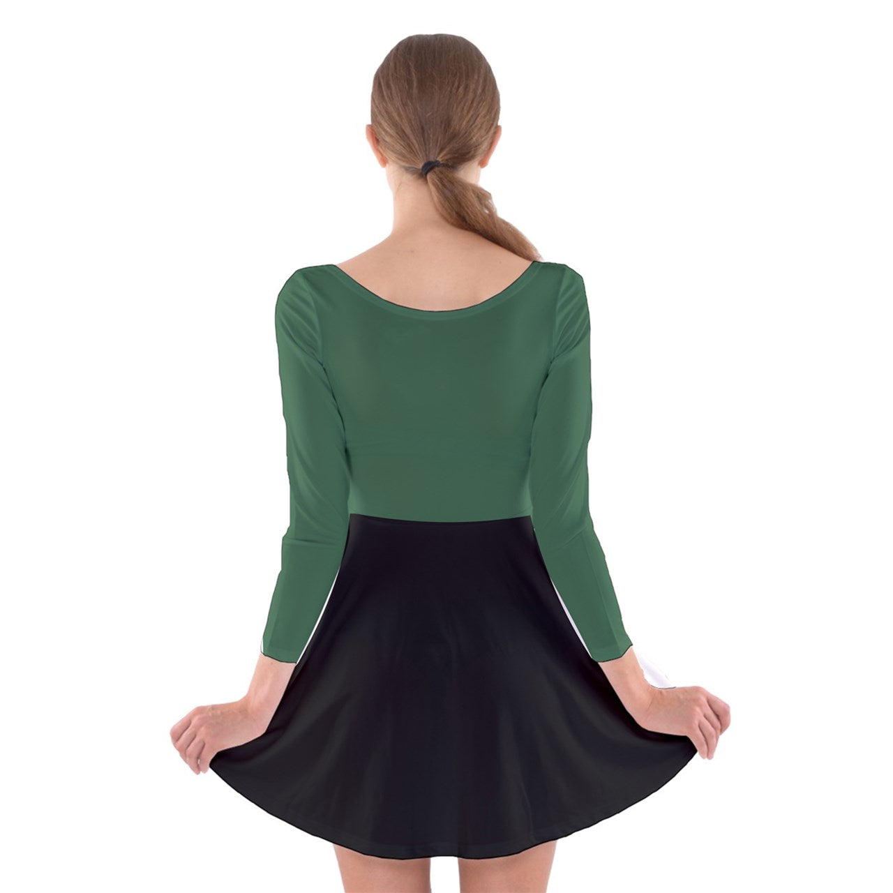 Vampire Art Retro Chic Long Sleeve Velvet Skater Dress - Black and Fairy Green