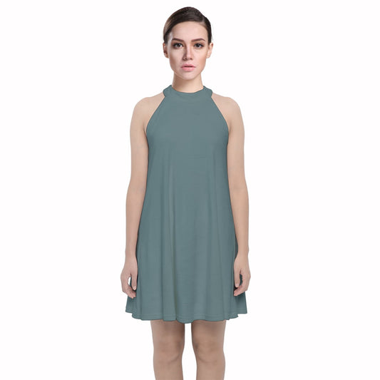 Vampire Art Retro Chic Velvet Halter Neckline Dress - Dusty Teal