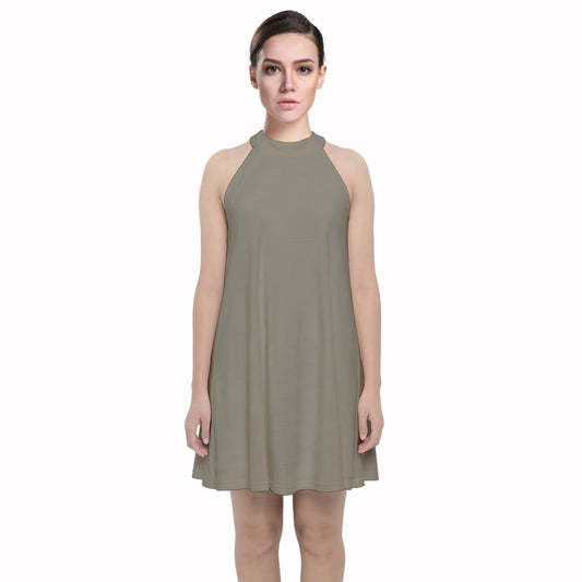 Vampire Art Retro Chic Velvet Halter Neckline Dress - Khaki