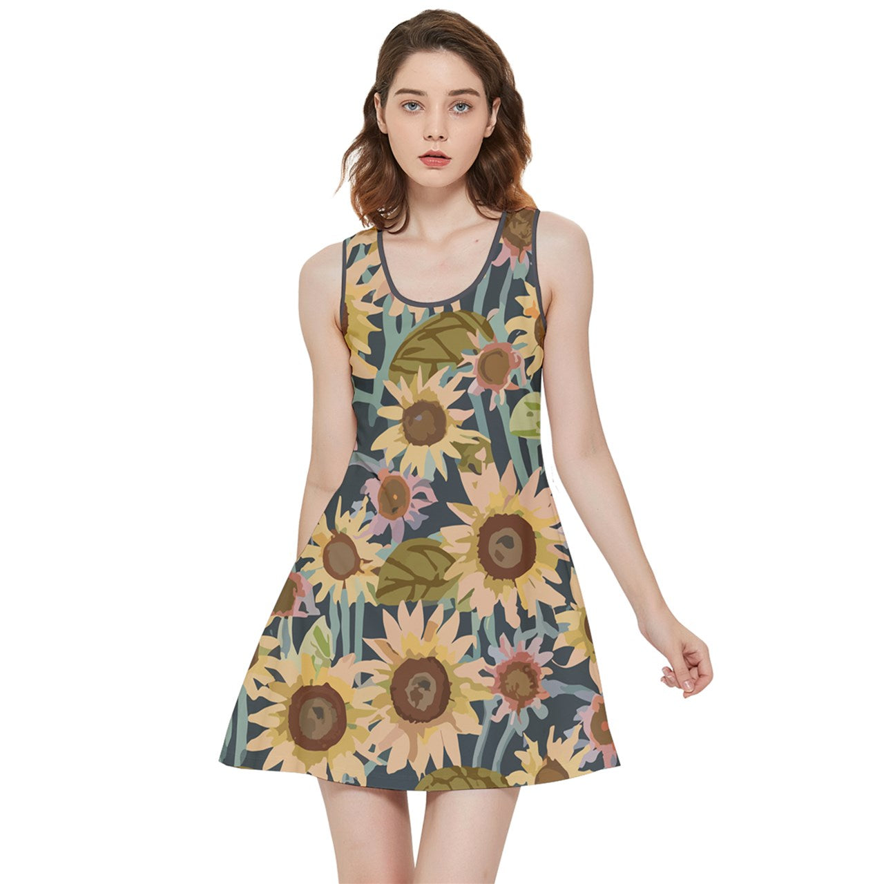 Vampire Art Retro Inside Out Reversible Sleeveless Dress - Charcoal and Art Nouveau Sunflowers