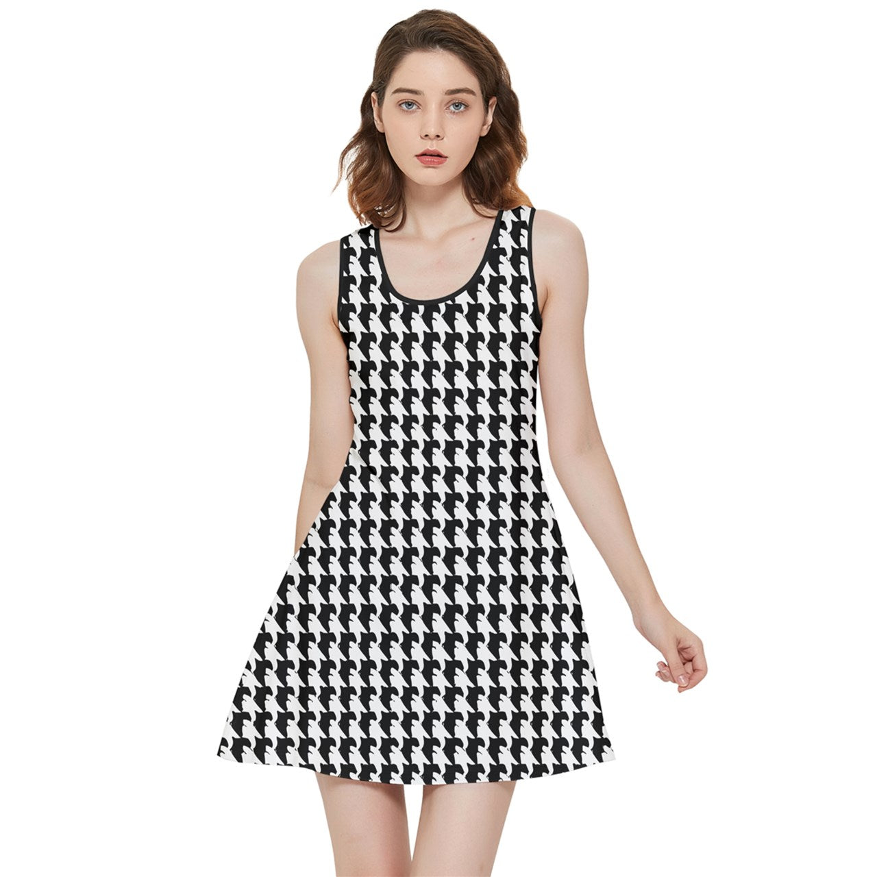 Vampire Art Retro Inside Out Reversible Sleeveless Dress - Grunge Goth Black Houndstooth