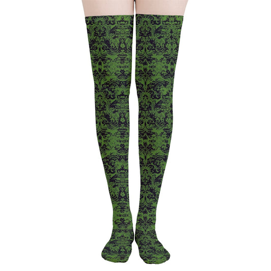 Vampire Art Y2K Thigh Highs Stockings Tights - Green Grunge Damask