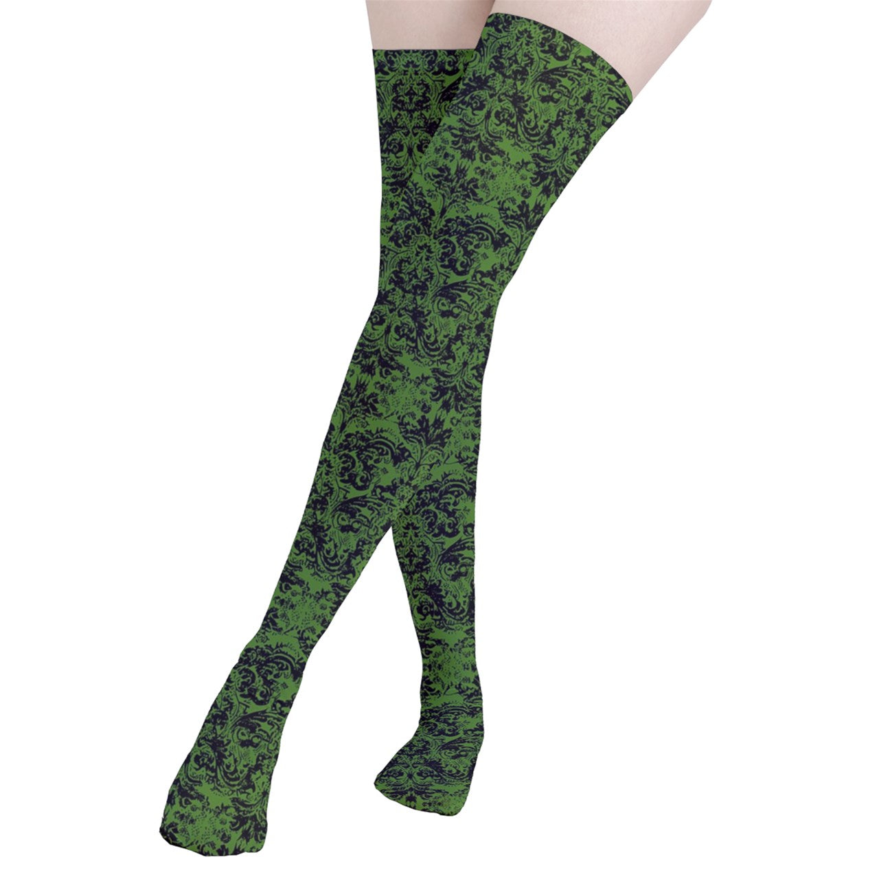 Vampire Art Y2K Thigh Highs Stockings Tights - Green Grunge Damask