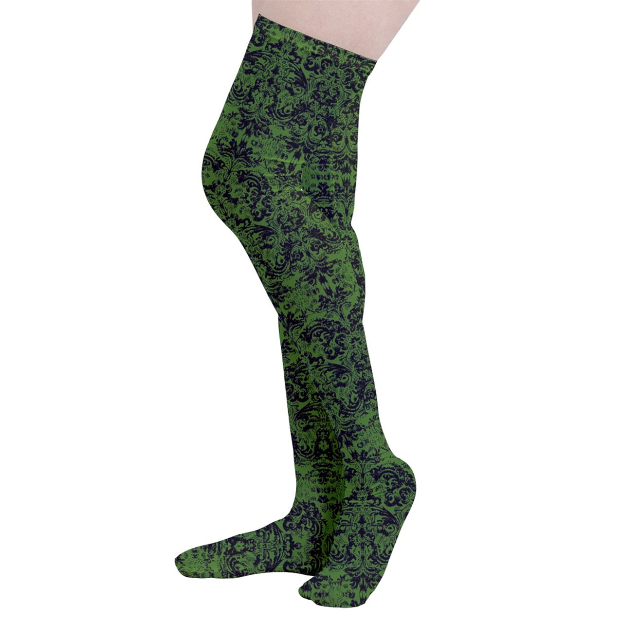 Vampire Art Y2K Thigh Highs Stockings Tights - Green Grunge Damask