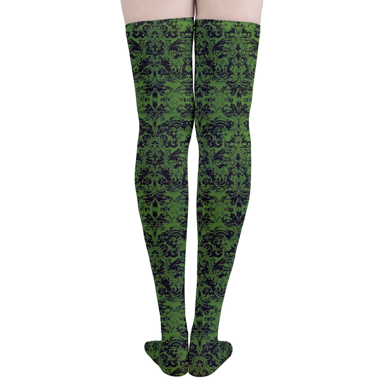 Vampire Art Y2K Thigh Highs Stockings Tights - Green Grunge Damask