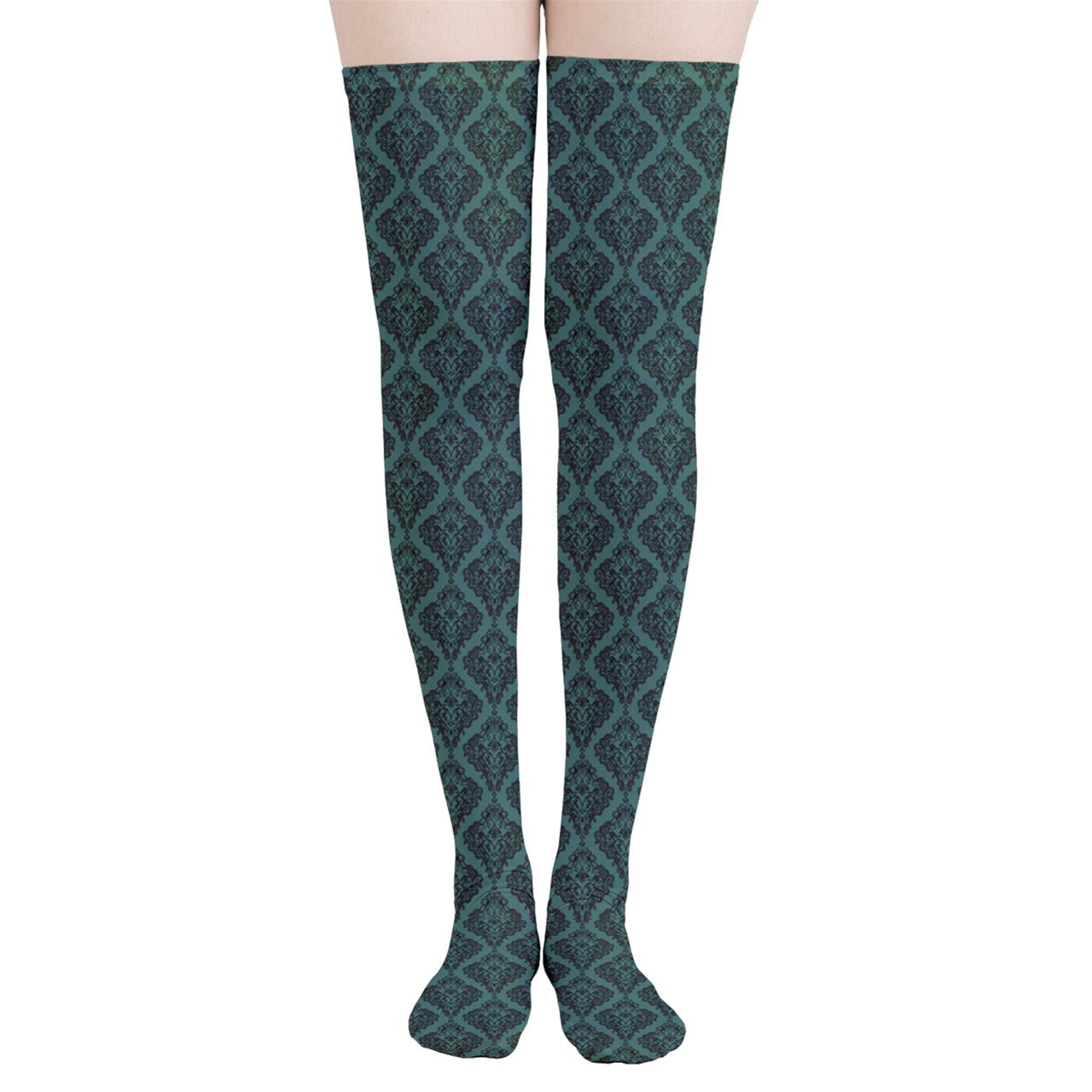 Vampire Art Y2K Thigh Highs Stockings Tights - Green Lace Damask Pattern