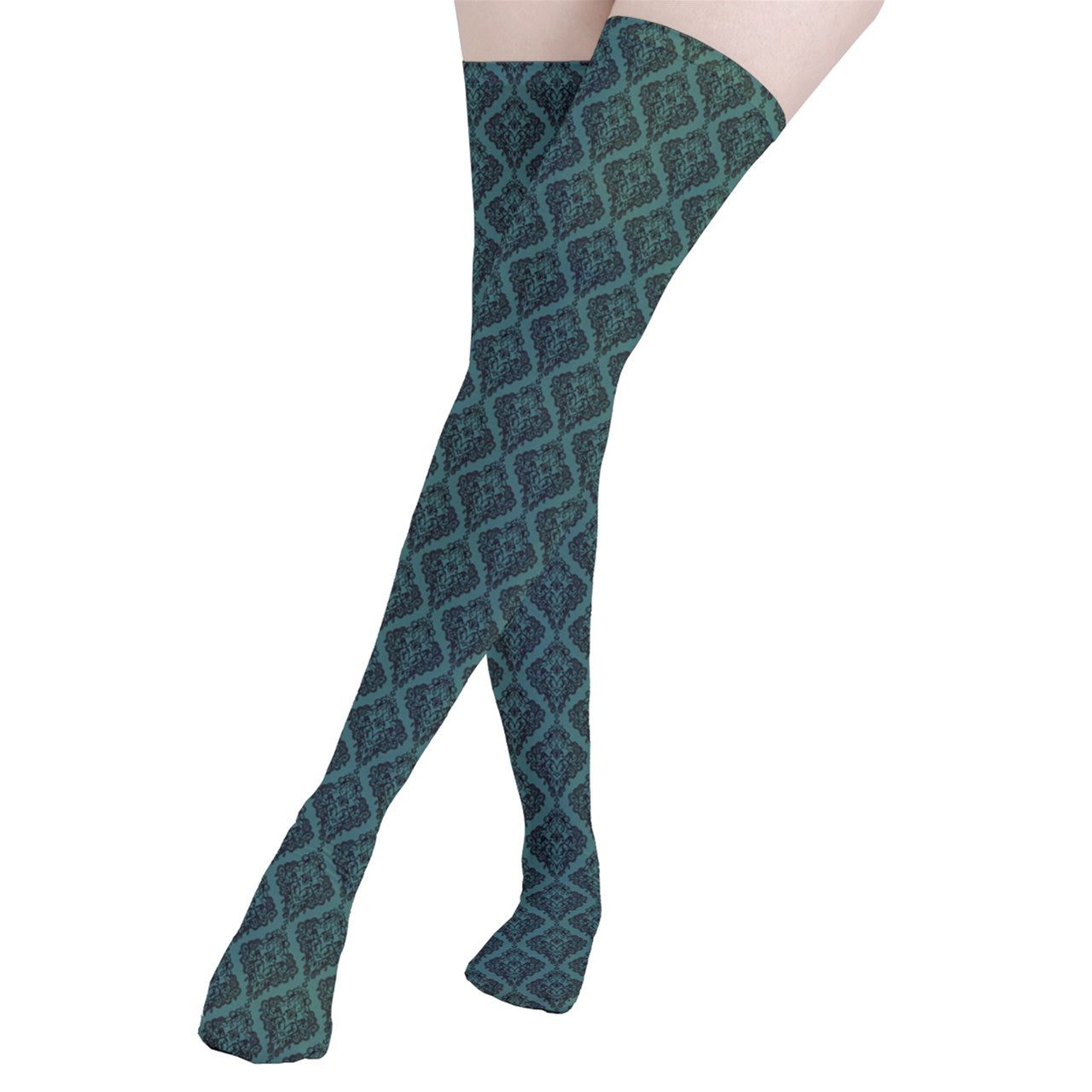 Vampire Art Y2K Thigh Highs Stockings Tights - Green Lace Damask Pattern