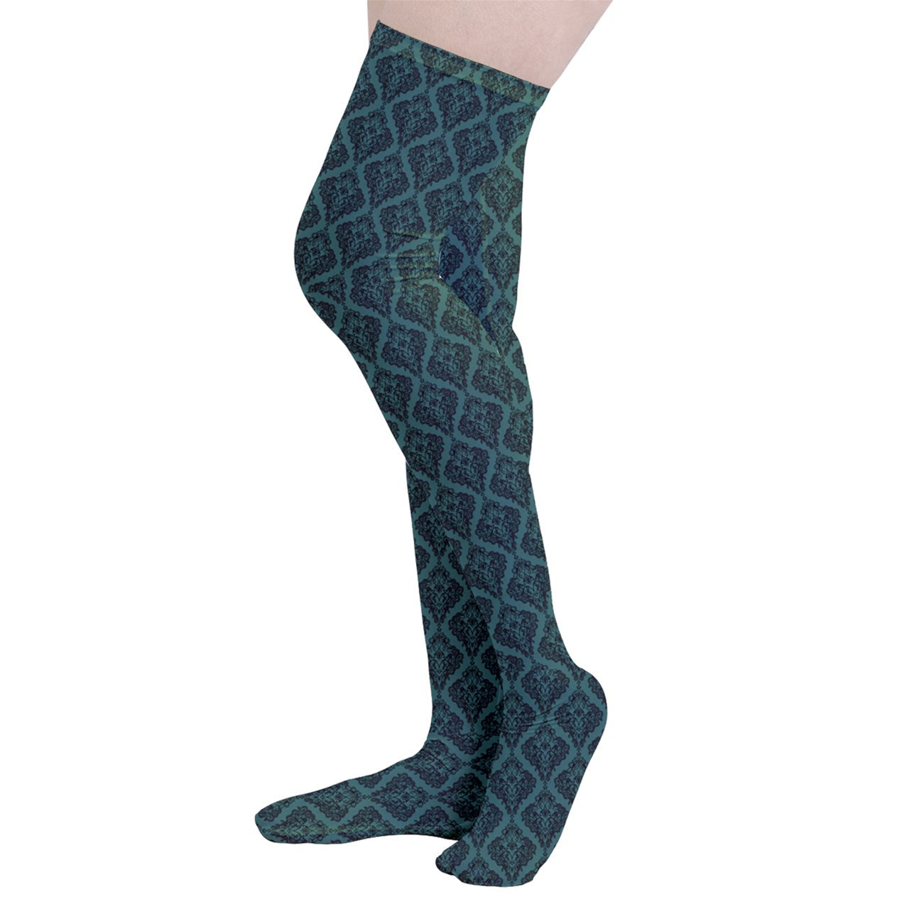 Vampire Art Y2K Thigh Highs Stockings Tights - Green Lace Damask Pattern