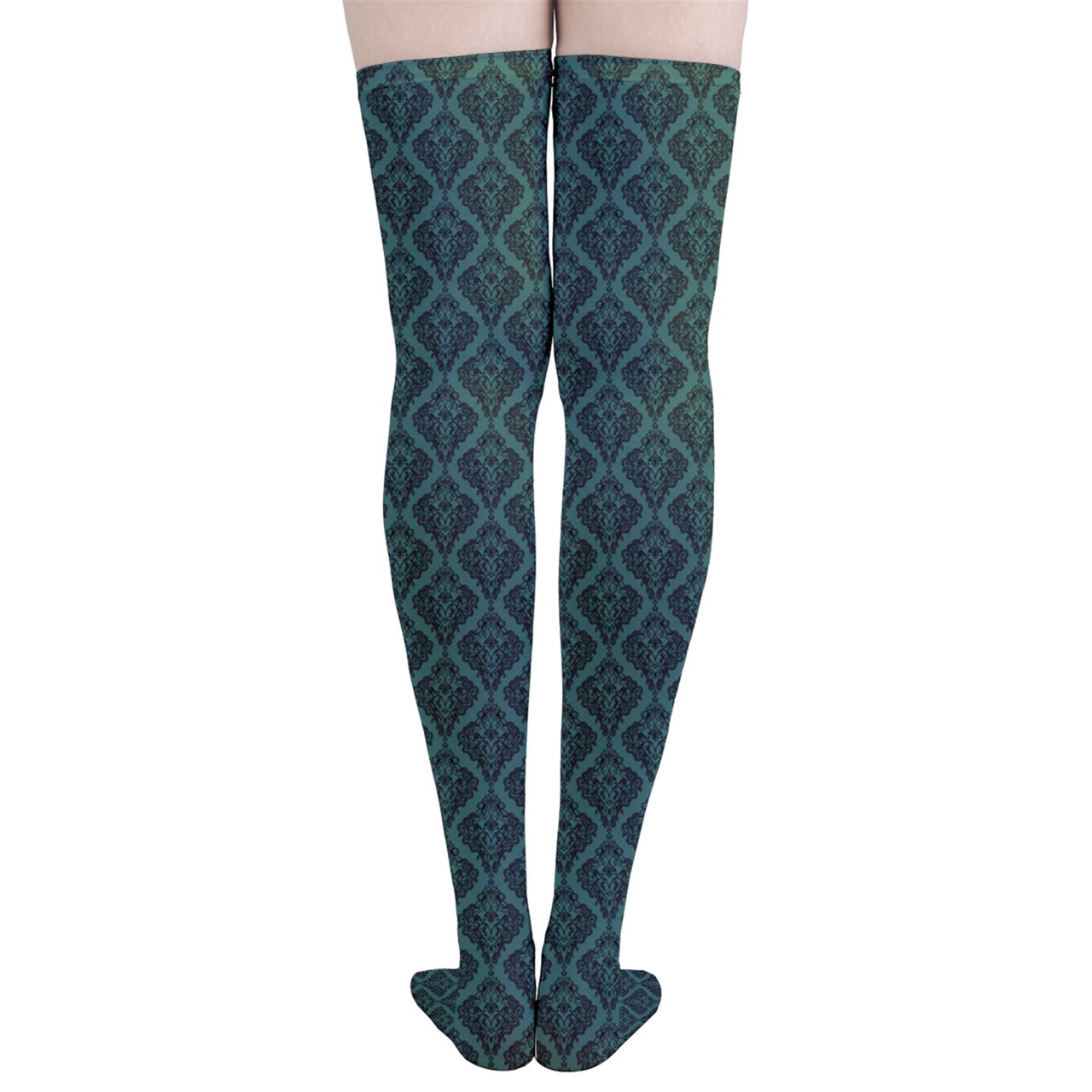 Vampire Art Y2K Thigh Highs Stockings Tights - Green Lace Damask Pattern