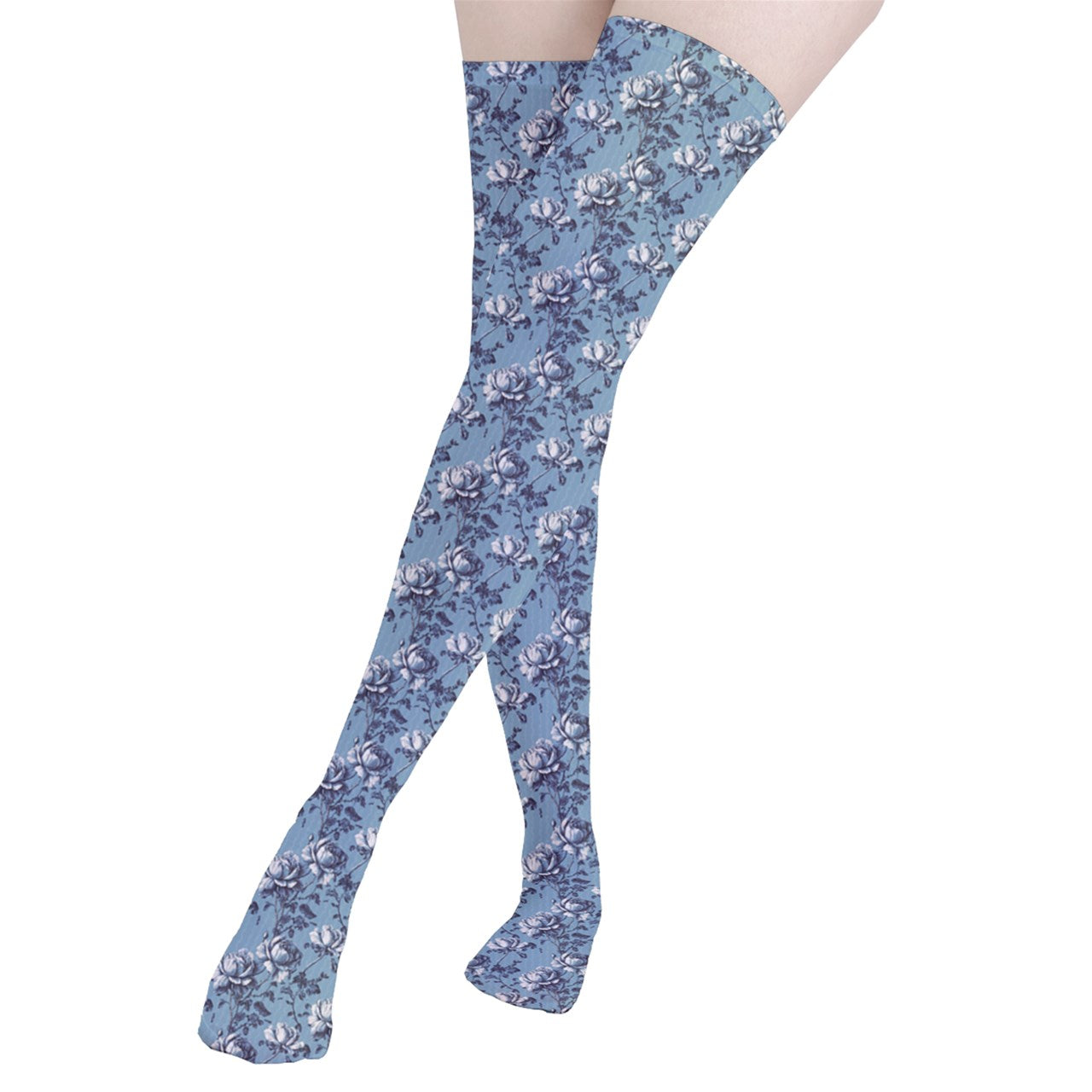 Vampire Art Y2K Thigh Highs Stockings Tights - Blue Retro Roses